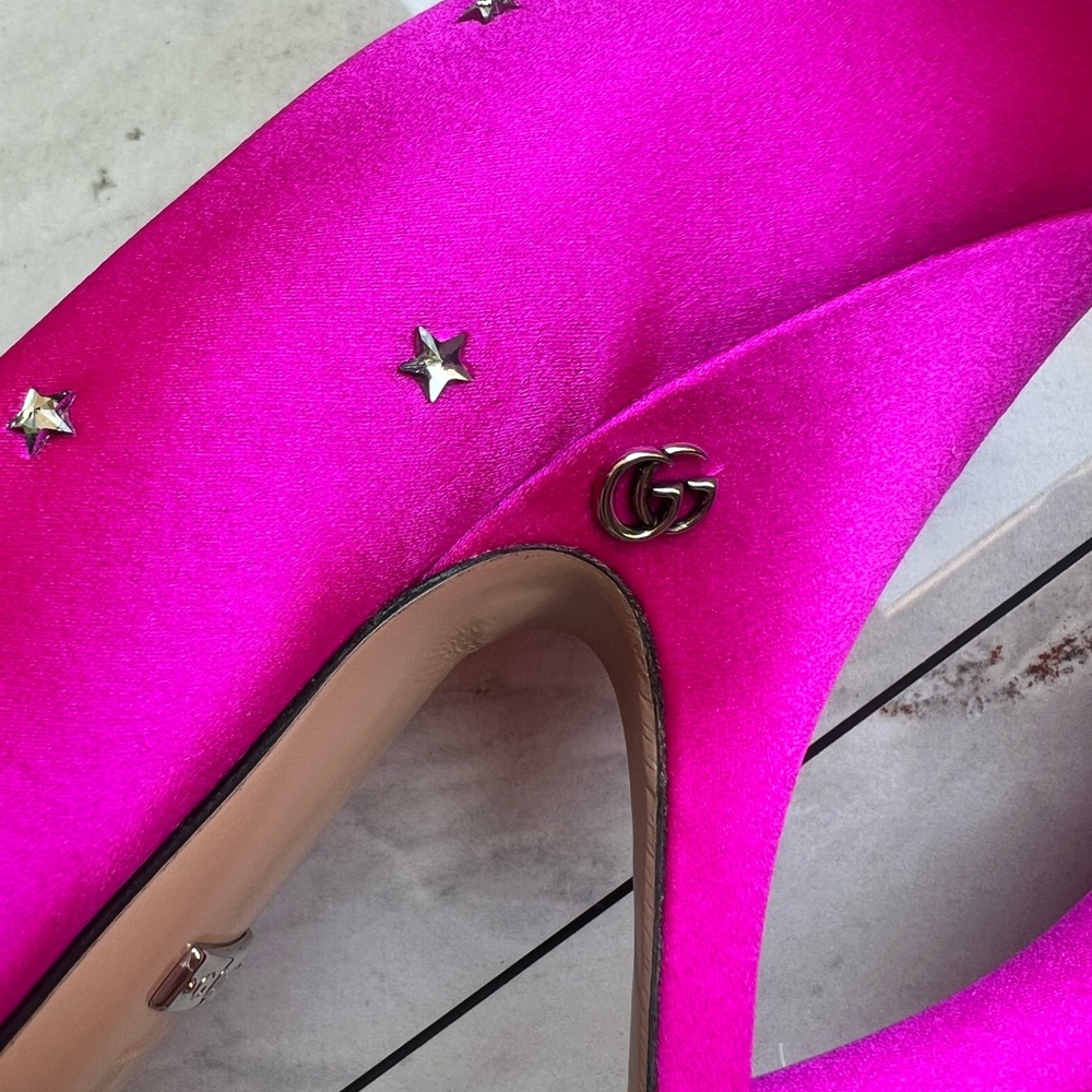 Gucci Jodie Pink Fuchsia Star crystal embellished Heels with Tangerine Strap - Picture 11 of 14